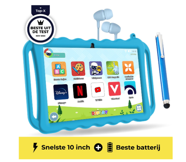 DEPLAY Kids Tablet PRO - Kindertablet - Ouder Control App - 6000 Mah Batterij - Touchscreen Pen & Beschermhoes – Blauw - Android 12 - 10 Inch