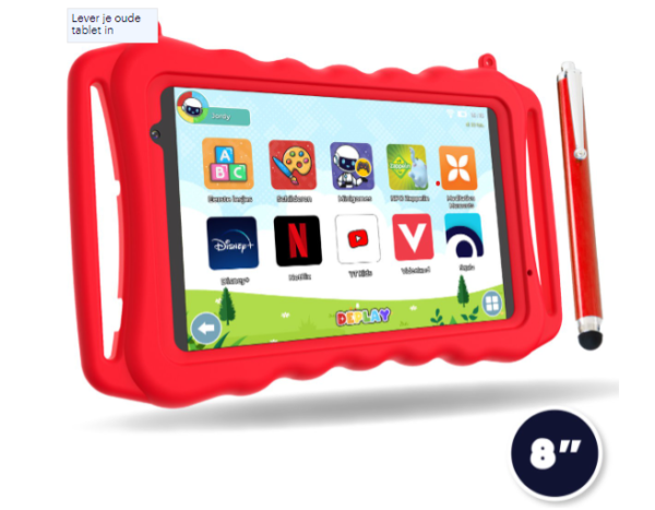DEPLAY Kids Tablet SMART - Kindertablet - Speelgoed 3 jaar - 5000 mAh Batterij - Pen, Beschermhoes & Screenprotector- Android 13 – 8 Inch kinder tablet - Rood
